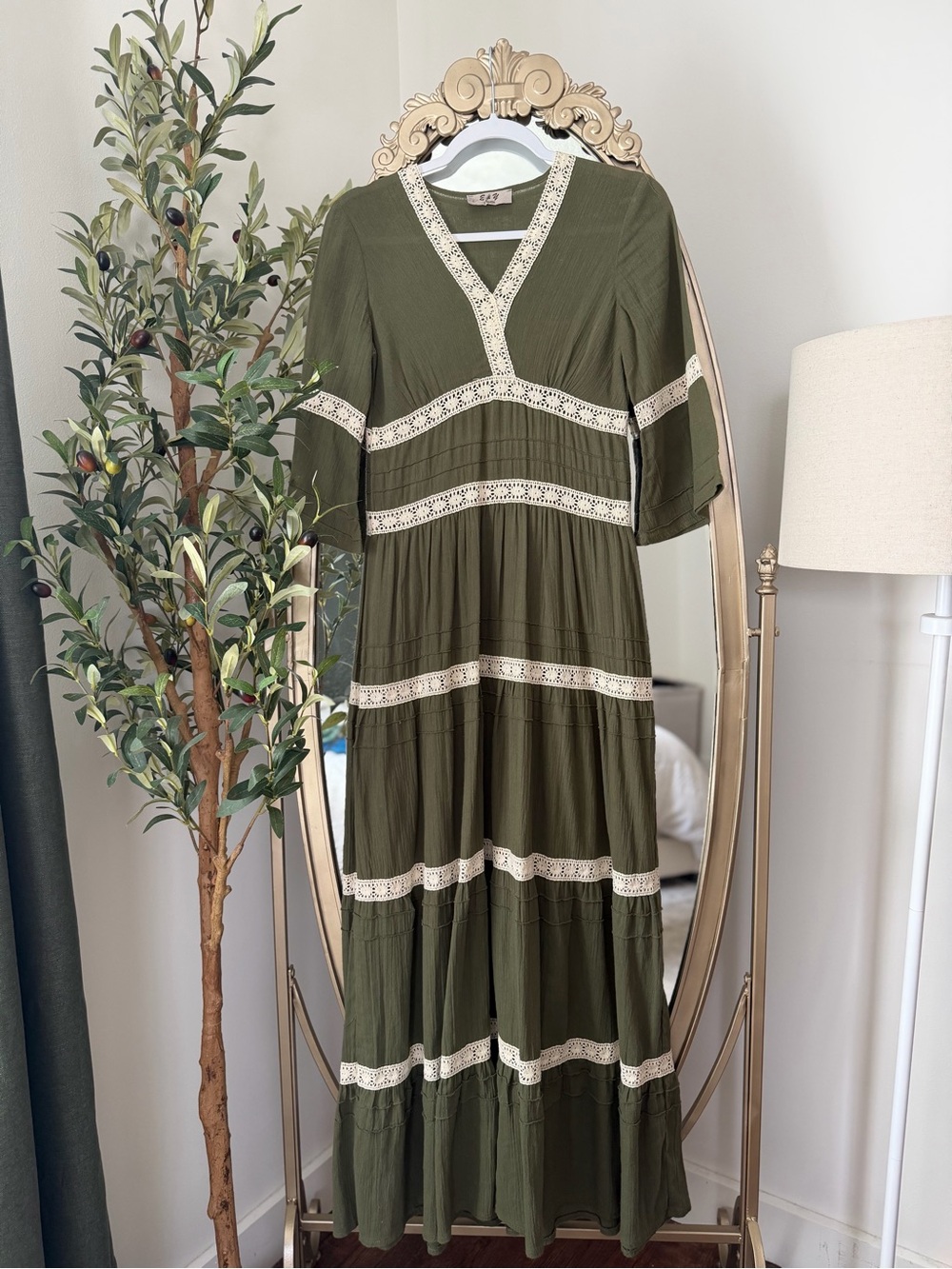 Olive Green Lace-Trim Maxi Dress